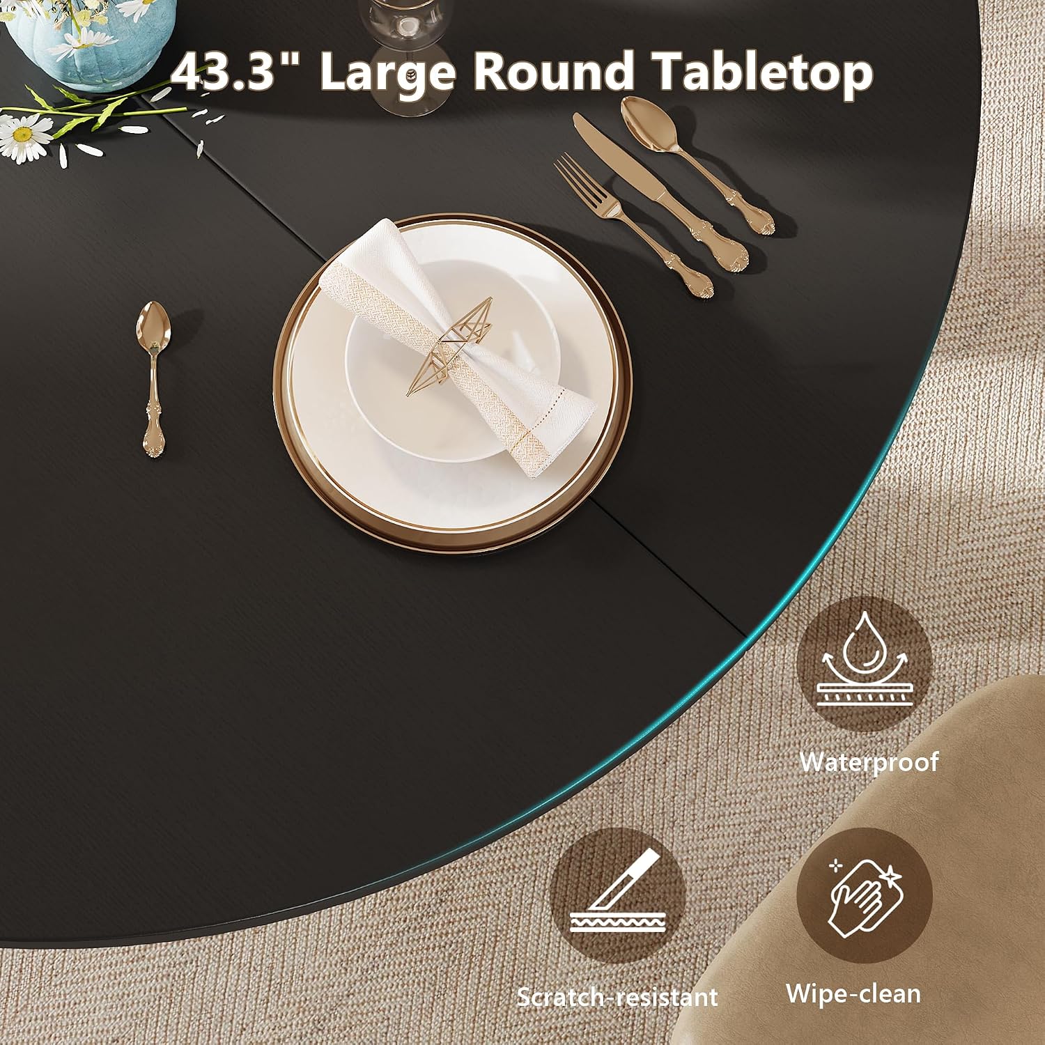 Einhomn 59" Extendable Round Dining Table for 6-8, Kitchen Table with Sturdy Double Arc Base & Backboard Clasp Desktop, Mid-Century Modern Dinner Table, Kitchen Dining Room, Space Saving, Black