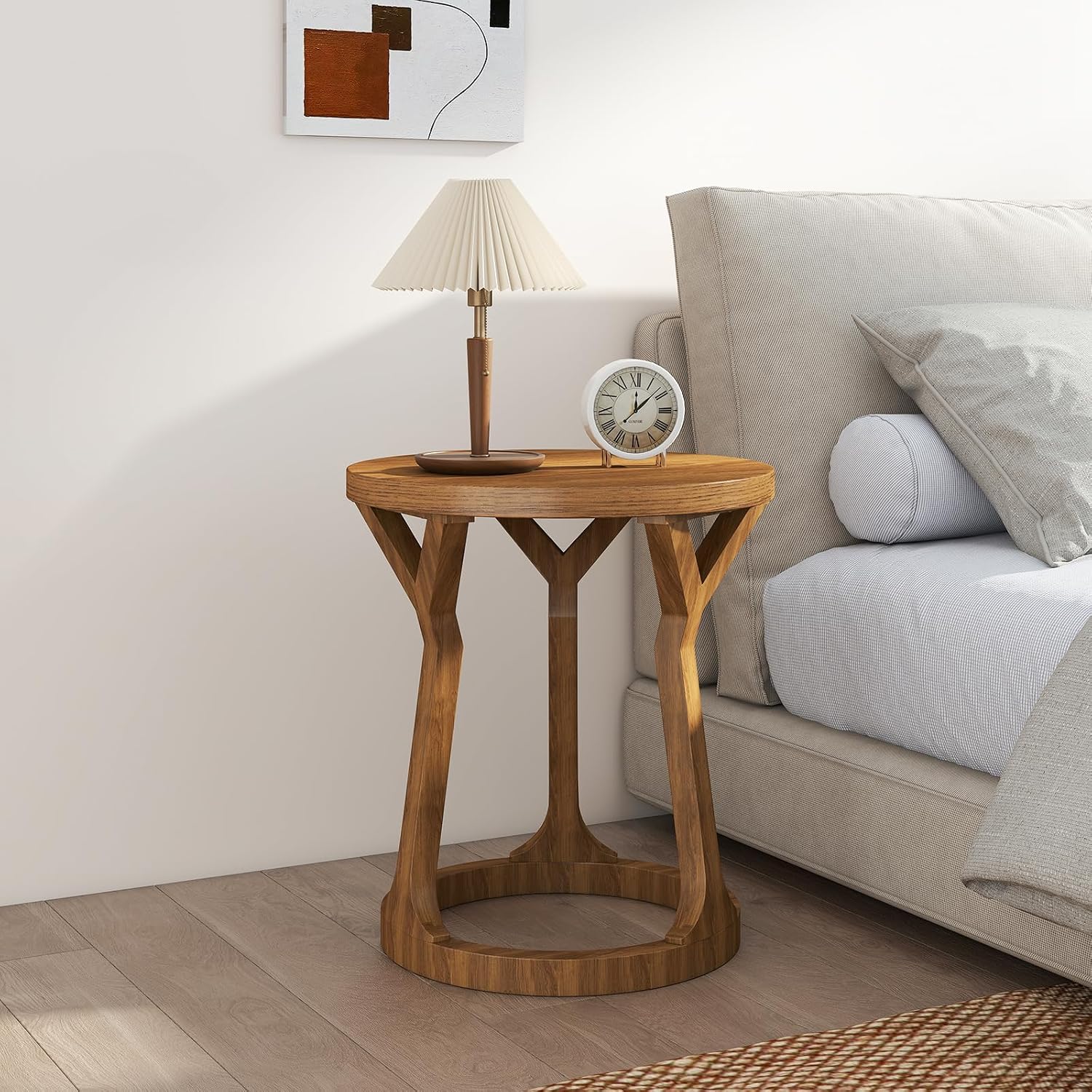 Round Side Table, Farmhouse End Table for Small Spaces, Accent Table for Living Room, Bedroom, Home Office (Brown, 1-Pack)