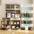 YITAHOME 71''H Kitchen Pantry Cabinet, Grey | Tall Cabinet with Drawer, Doors & Goblet Holder, Wine Rack, Power Outlet, For Kitchen & Living Room