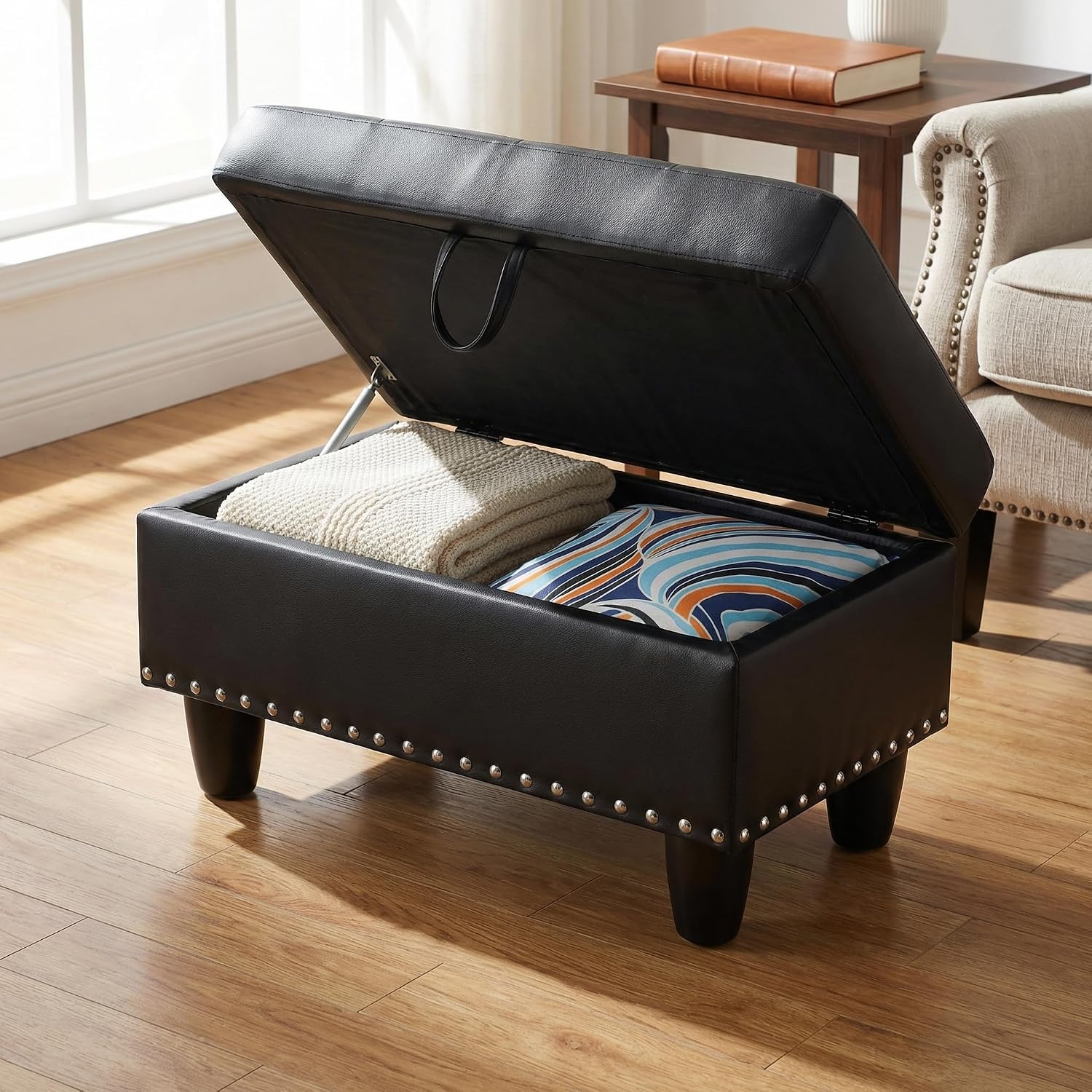 28.5 Inch Storage Ottoman Bench with Hidden Storage, PU Leather Upholstered Foot Rest Stool, Tufted End of Bed Bench for Bedroom Living Room, Easy to Clean, Black