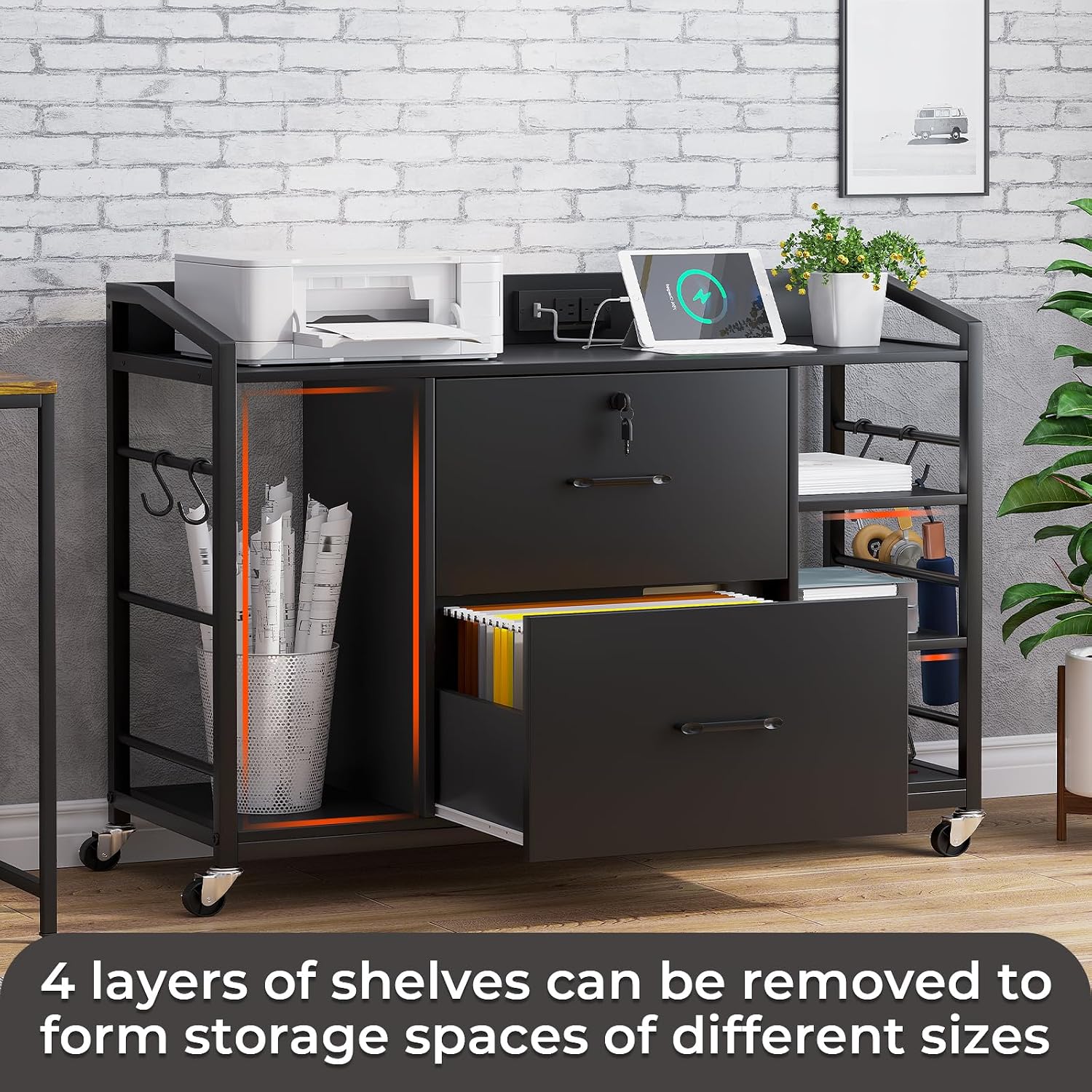 SEDETA 44" File Cabinet with Lock, Filing Cabinet fits Legal/Letter Size | Black Lateral 2 Drawer Filing Cabinets for Home Office with Lock, Power Strip, 6 Storage Shelves, Wheels and 4 Hooks