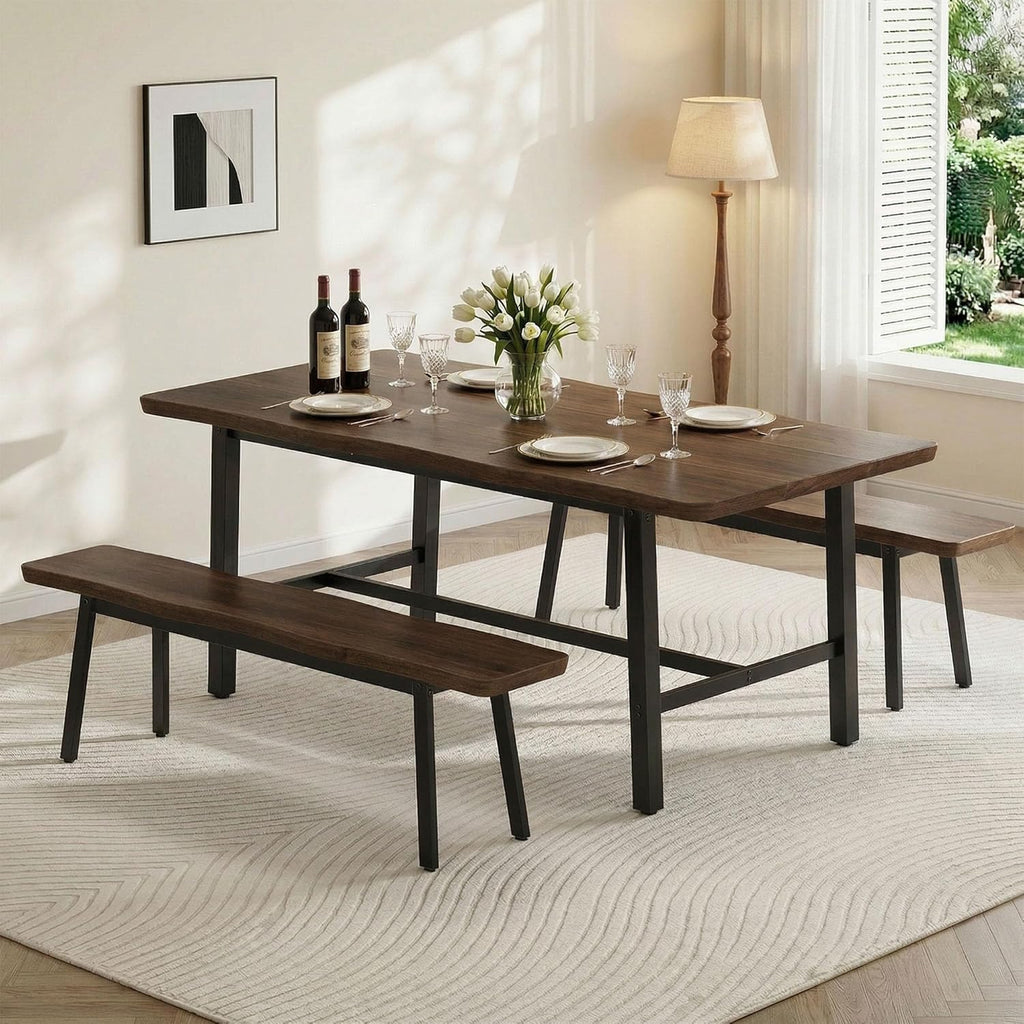 FUQARHY 59” Dining Bench Pair of 2 for 6-8 Person, Farmhouse Long Kitchen Table Benches, Entryway Bench, Indoor Bench (Walnut)