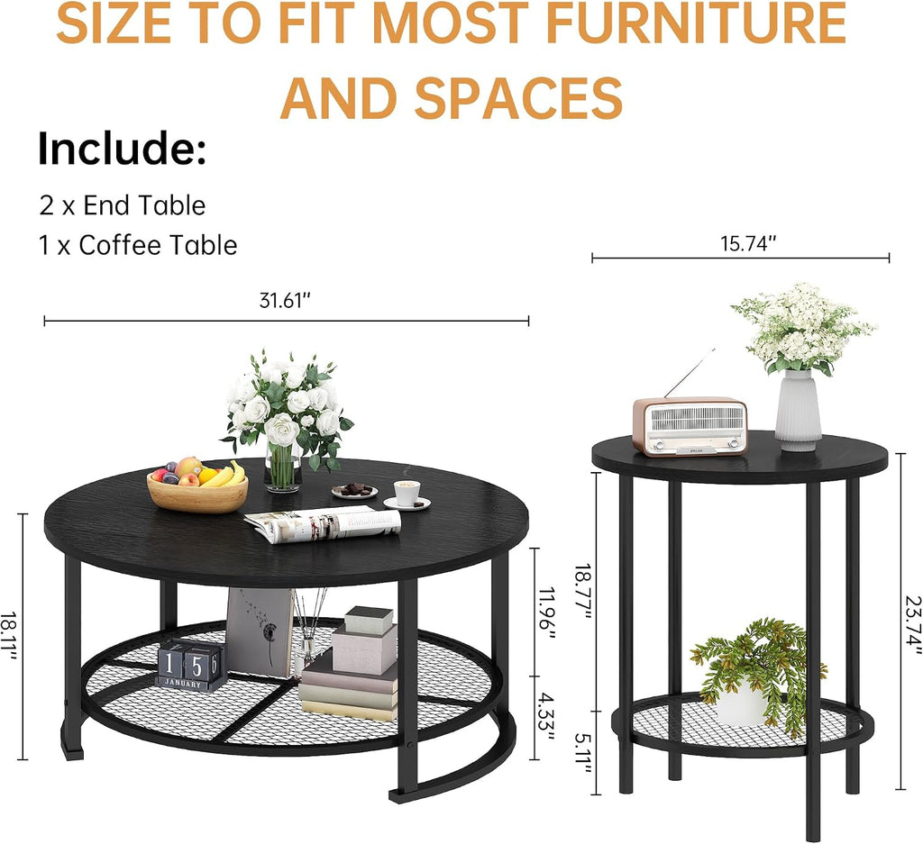 Recaceik Round Coffee Table and End Table Set of 3 with Storage, Modern Vintage Black Coffee Table and Side Table for Living Room, Office, Apartment, Small Space