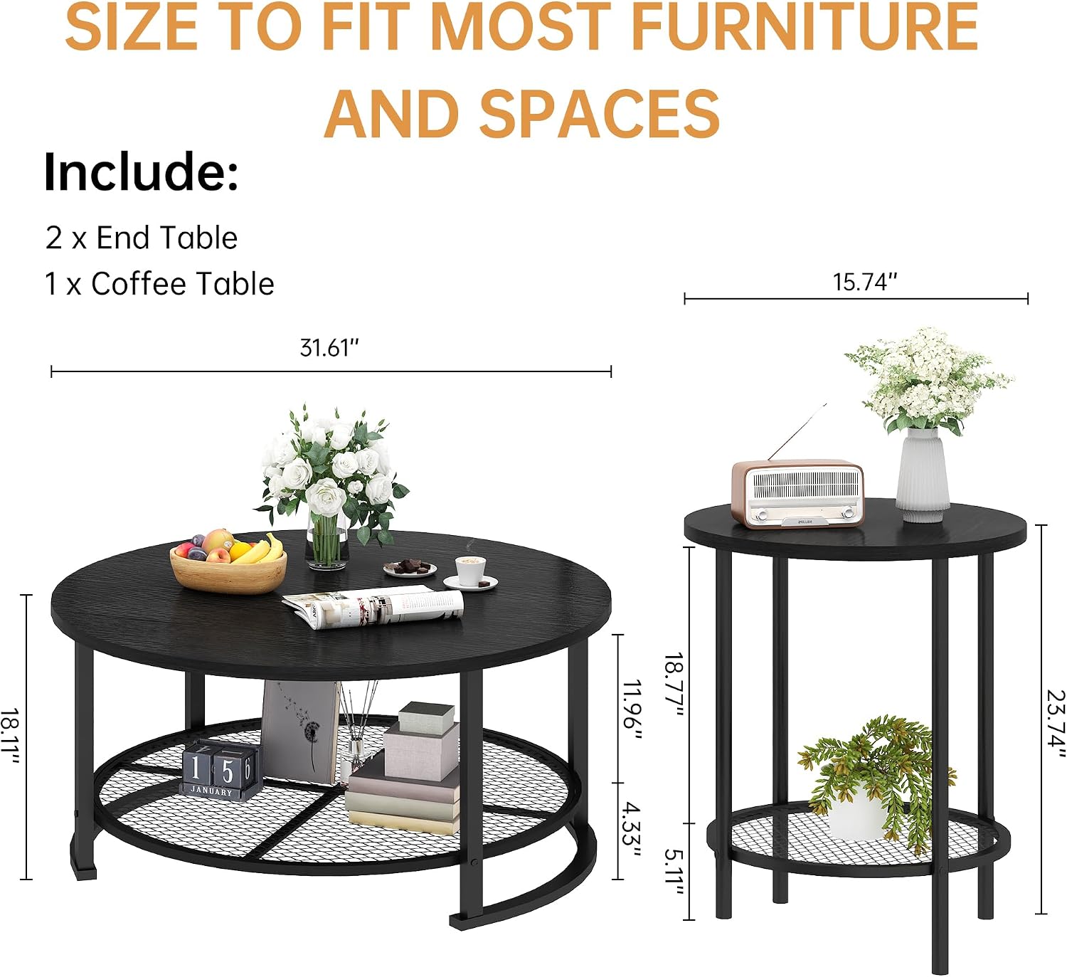 Recaceik Round Coffee Table and End Table Set of 3 with Storage, Modern Vintage Black Coffee Table and Side Table for Living Room, Office, Apartment, Small Space