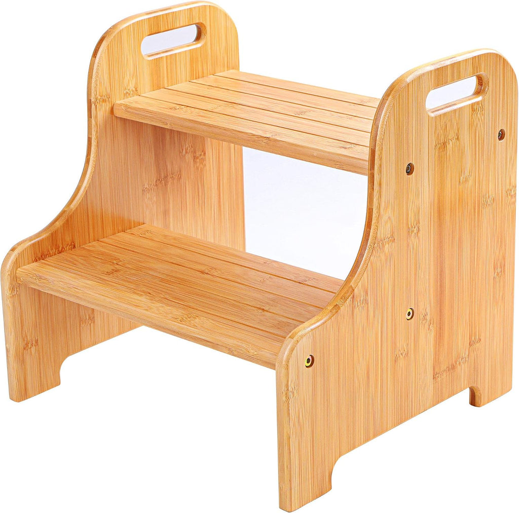 VaeFae Bamboo 2-Step Stool | 350LBS, Non-Slip, Built-In Handles, Suitable for Sink, Potty Training, Kitchen, Bathroom and Bedside Use, Natural