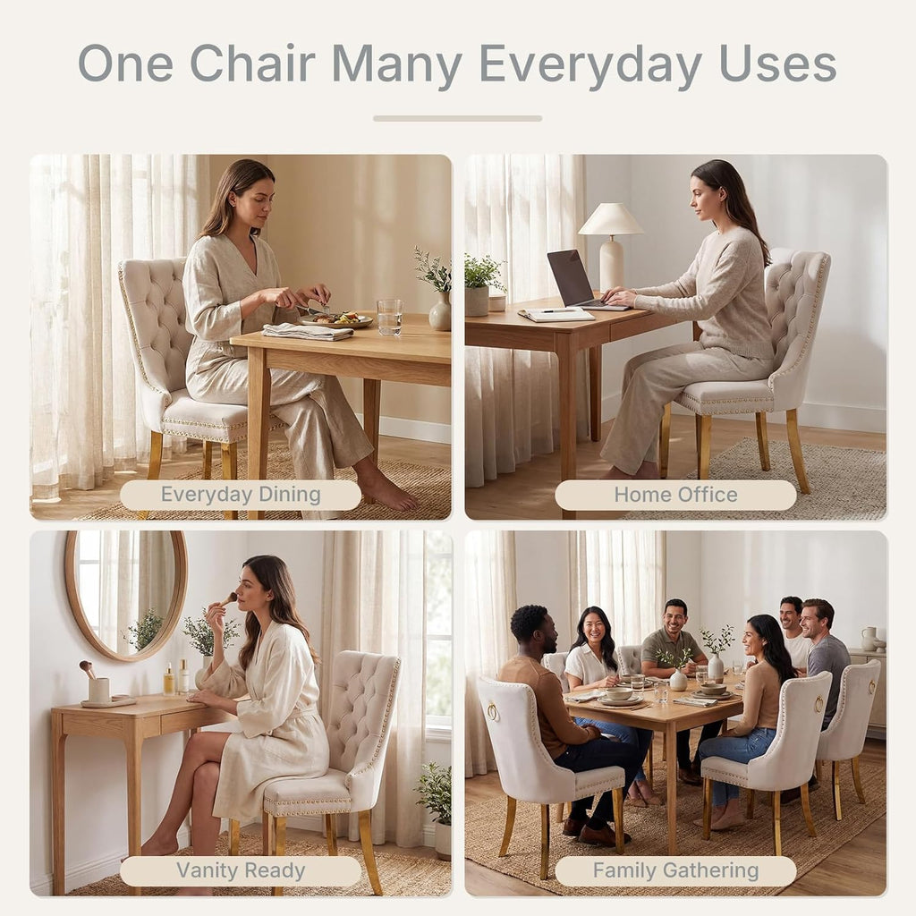 Beige Velvet Dining Chairs Set of 6, Fabric Upholstered Kitchen & Dining Room Chair, Tufted Mid Century Modern Dinning Room Chairs, High Back, Gold Metal Legs, Sillas de Comedor