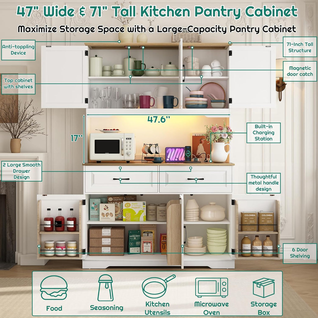 71" Tall 47" Wide Large Pantry Storage Cabinet w/ Power Outlet,LED Light,Farmhouse Kitchen Hutch Food Pantry Cabinet,2 Drawer,8 Doors Shelves,Open Countertop for Kitchens,Dining Room,white