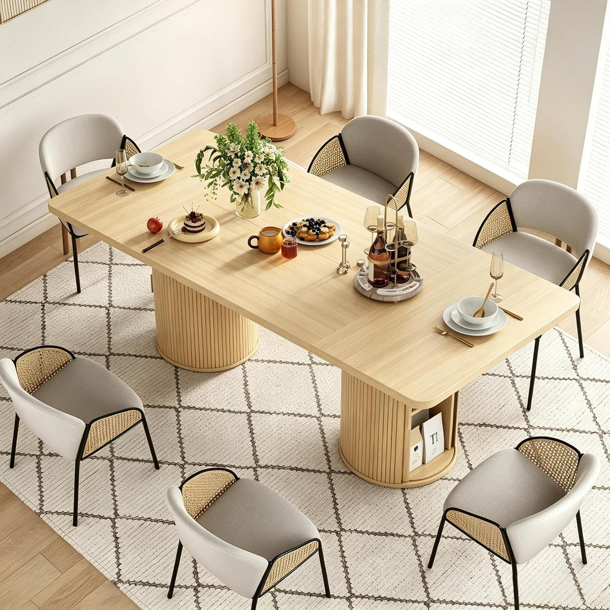 79" Rectangular Dining Table for 8-10, Wood Kitchen Table with 2-Layer Storage Shelf & Sturdy Base, Mid Century Modern Dinner Table with Wide Tabletop for Dining Room, Living Room