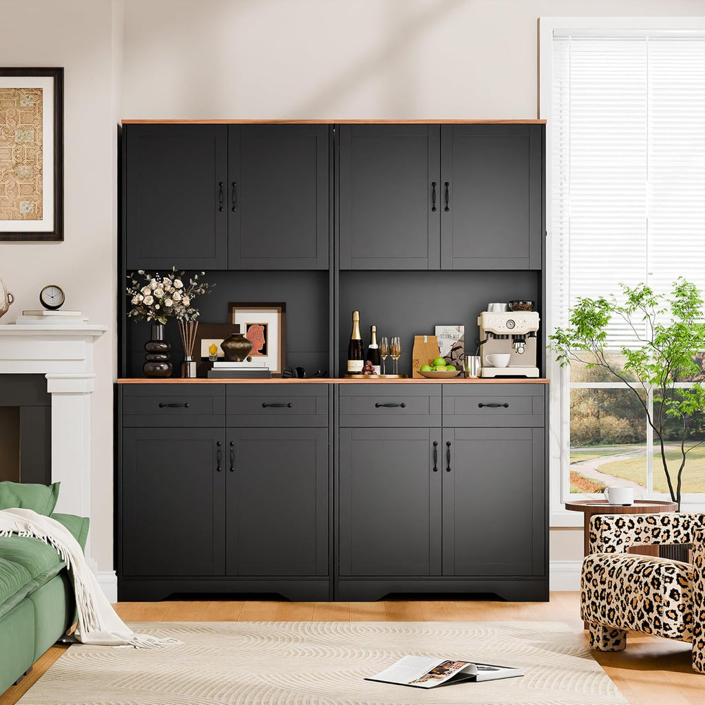 Cozy Castle Pantry Cabinet, Farmhouse Kitchen Hutch Cabinet with Storage Drawers Freestanding Coffee Bar Liquor Sideboard Large Countertop Cupboard for Dining Room, Living Room, 71'' Tall Black