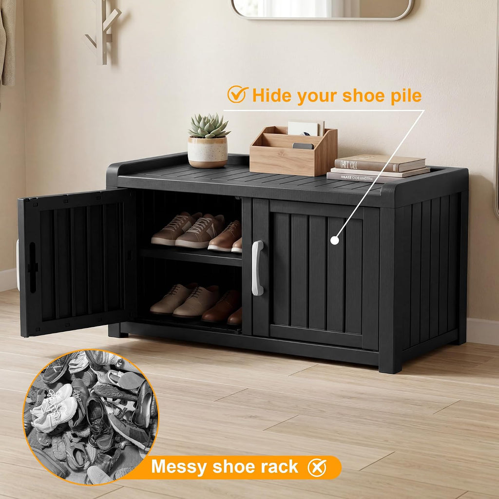 2-Tier Storage Bench, Waterproof UV-Resistant Outdoor Shoe Storage Cabinet ，Outdoor Shoe Rack with 2 Doors & Adjustable Shelves for Indoor Outdoor Entryway, Hallway, Living Room (Black)