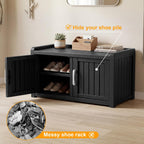 2-Tier Storage Bench, Waterproof UV-Resistant Outdoor Shoe Storage Cabinet ，Outdoor Shoe Rack with 2 Doors & Adjustable Shelves for Indoor Outdoor Entryway, Hallway, Living Room (Black)