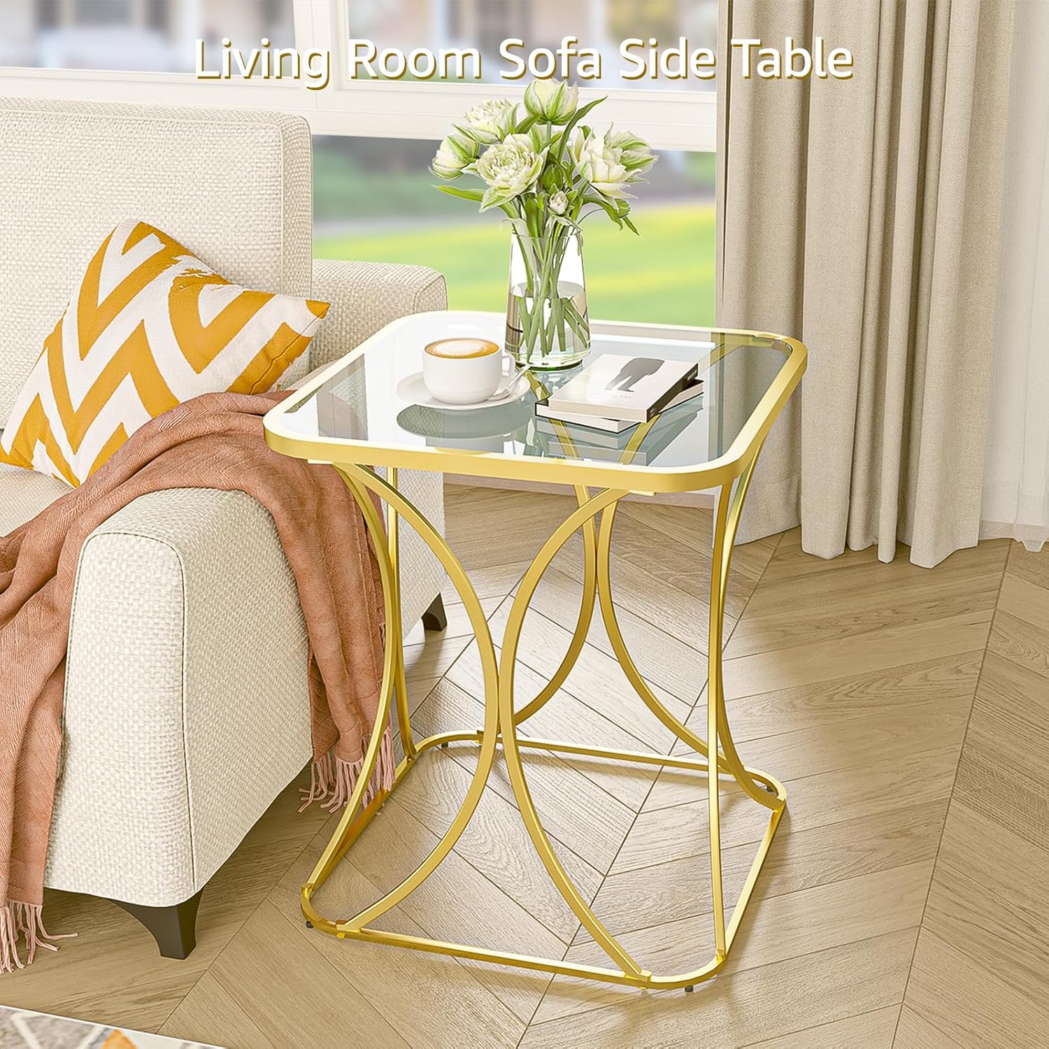 19.68" Square End Table with Tempered Glass Top, Stylish X-Shaped Metal Frame, Living Room Coffee Table, Sofa Side Table, Accent Tables for Small Spaces, Modern Bedside Table (Gold)