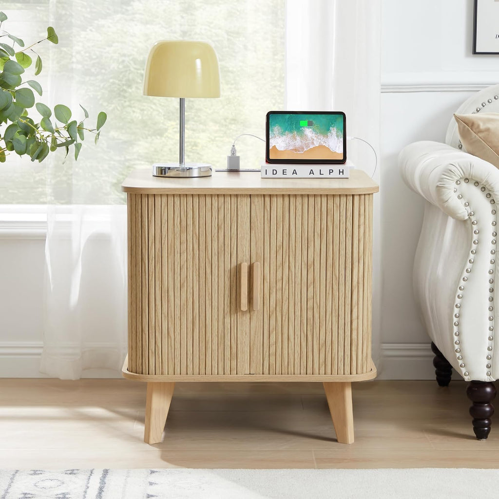 Nightstands Set of 2, 24 Inch Mid-Century Fluted End Table with Charging Station, Farmhouse Wood Side Table with Storage & Sliding Door for Sofa, Couch, Bed (2XSquare, Natural)