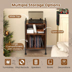 Giantex Record Player Stand with Charging Station, Mobile Turntable Stand with Record Storage & 4 Rolling Wheels, 3-Tier Vinyl Record Storage w/ Open Shelves & Dividers for Living Room, Rustic Brown