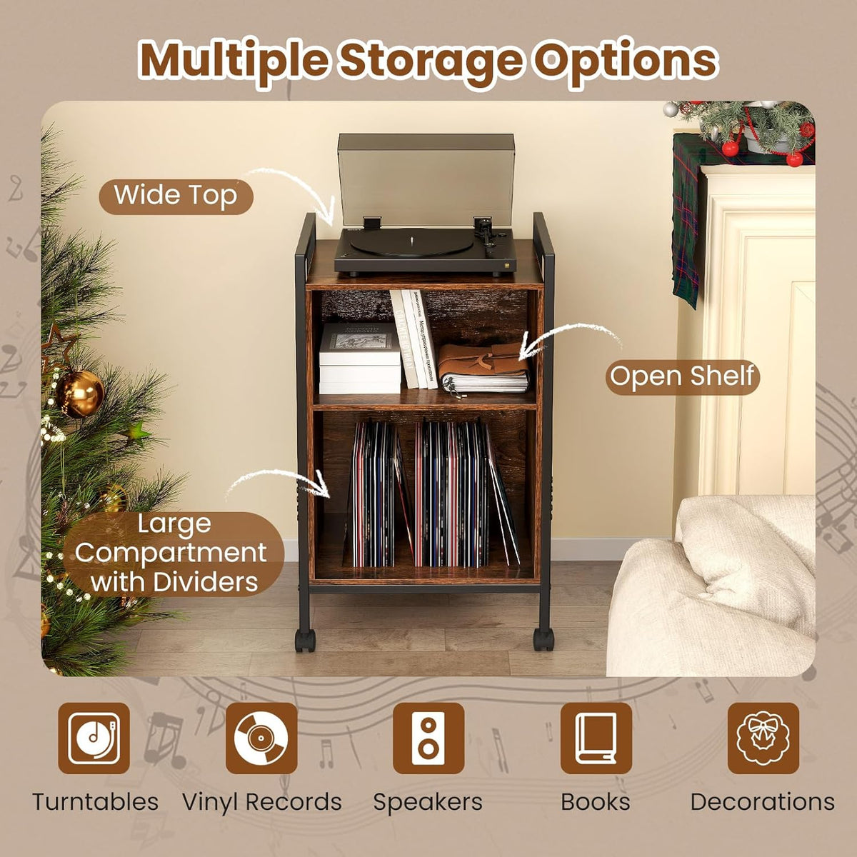 Giantex Record Player Stand with Charging Station, Mobile Turntable Stand with Record Storage & 4 Rolling Wheels, 3-Tier Vinyl Record Storage w/ Open Shelves & Dividers for Living Room, Rustic Brown