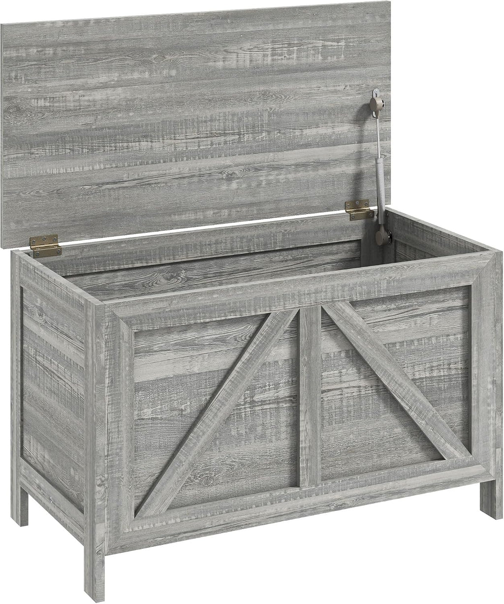 HOMCOM 30" Farmhouse Storage Bench Lift Top Storage Chest in Light Gray | Safety Hinge, Open Up 100°, Wooden Trunk, Bedroom, Entryway, Living Room