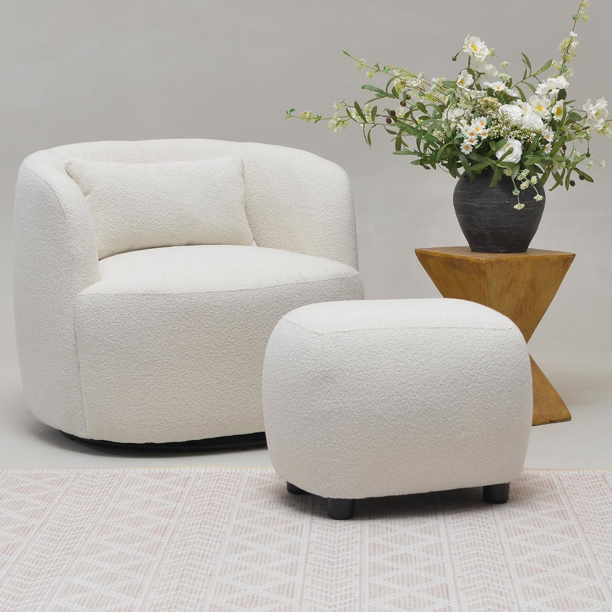 KINWELL Round Boucle Upholstered Ottoman Chair Padded Seat Footstool, Beige | Easy Assembled Modern Soft Sofa Couch Loveseat Chair Footrest, Extra Seating for Bedroom Entryway, 18.5" D x 23" W x 16.5" H