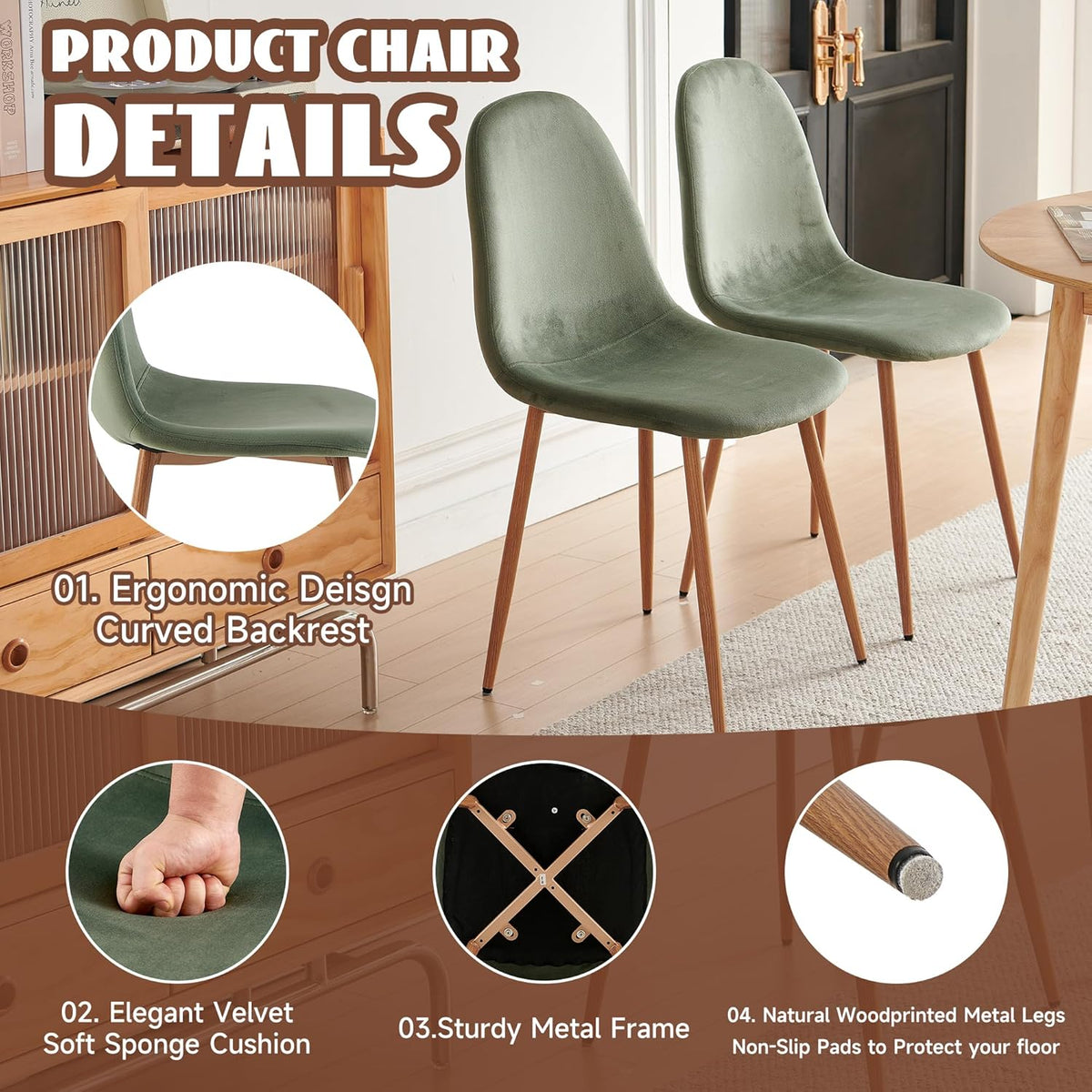 Small Oak Round Dining Table Set for 4, Modern 35'' Kitchen Coffee Table with 4 Green Velvet Dining Chairs for Dining Room Apartment
