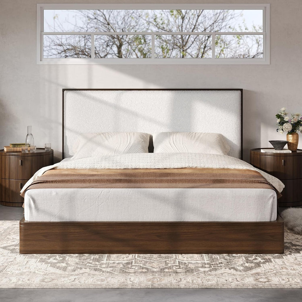 Merax Queen Platform Bed Frame with Bouclé Upholstered Headboard, Solid Wood Platform Bed, No Box Spring Needed, Noise-Free Modern Bed Frame for Bedroom, Walnut
