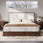 Merax Queen Platform Bed Frame with Bouclé Upholstered Headboard, Solid Wood Platform Bed, No Box Spring Needed, Noise-Free Modern Bed Frame for Bedroom, Walnut