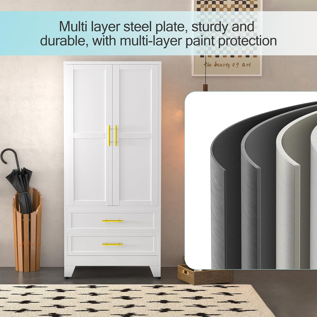 erosoei Metal Armoire Wardrobe Closet, 71 "Metal Clothing Storage Cabinet | with Adjustable Shelves and Hanging Rod, Household Steel Wardrobe Storage Cabinet with Drawers (armoire-white)