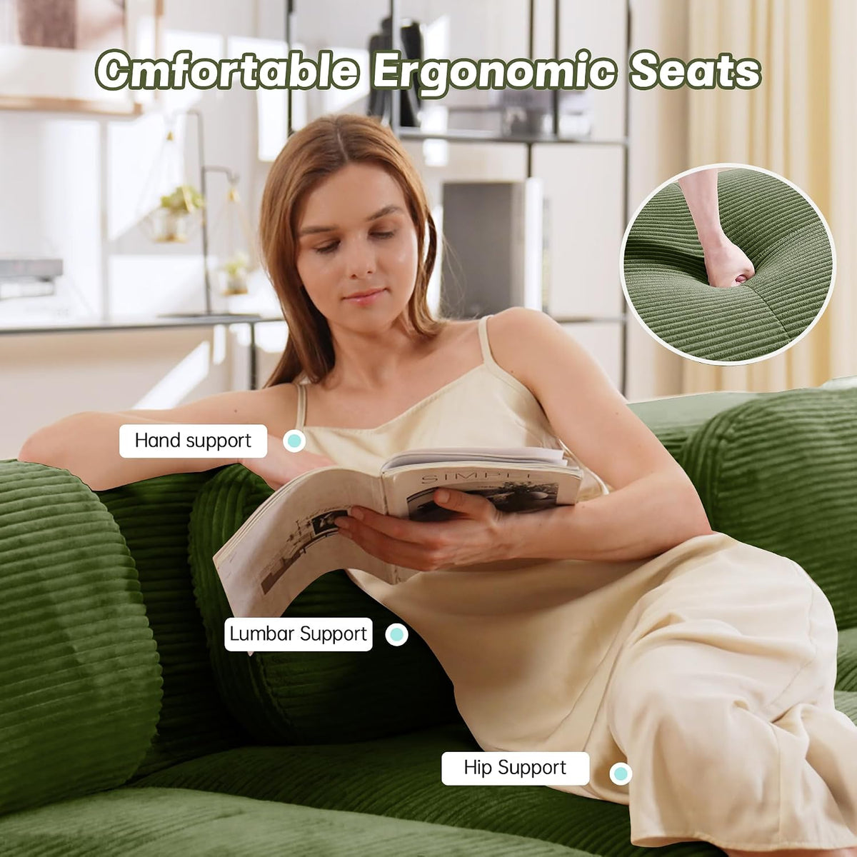 Modular Sectional Sofa Couch, U Shaped Sectional Couches for Living Room, Oversized Cloud Couch with Deep Seat and Ottoman, Comfy Corduroy Upholstery Green Couches, No Assembly(3S+2O)