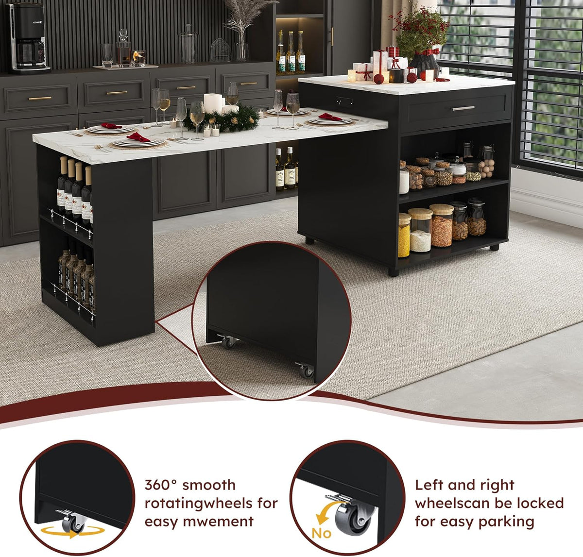 80-inch Expandable Kitchen Island with Dining Table, Marble-Grain Countertop with Power Outlet, Mobile Storage Cart with Cabinet & 2 Drawers, Kitchen Prep Table(Black, 80.7)