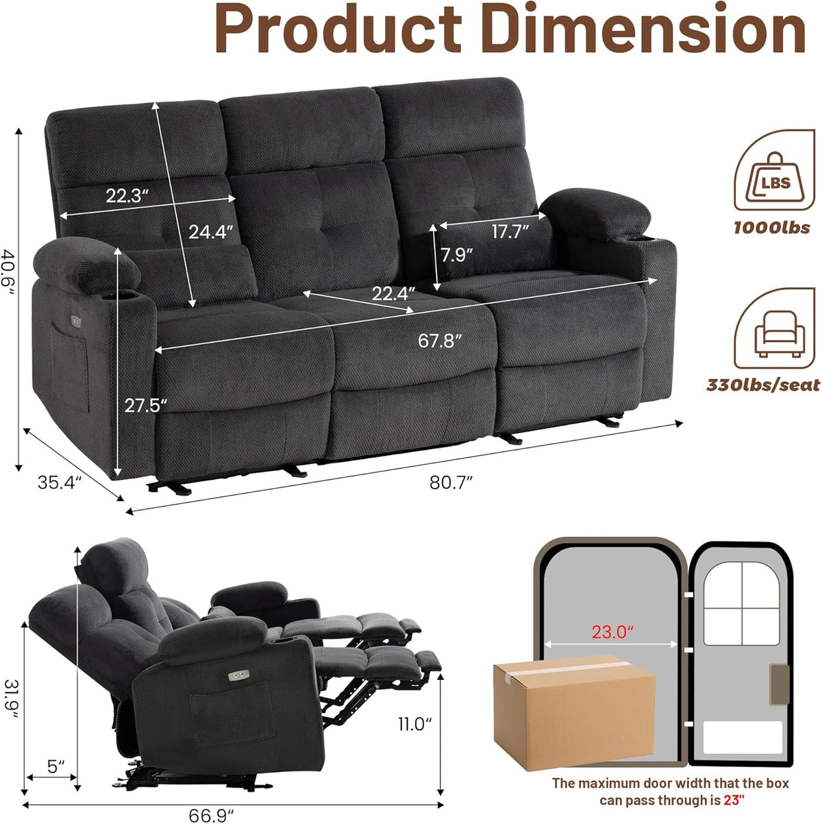 Power Reclining Sofa with Heat and Massage| RV Wall Hugger Recliner Sofa with Electric Tilt | RV 3 Seater Recliner Sofa for Living Room (Sofa Grey)