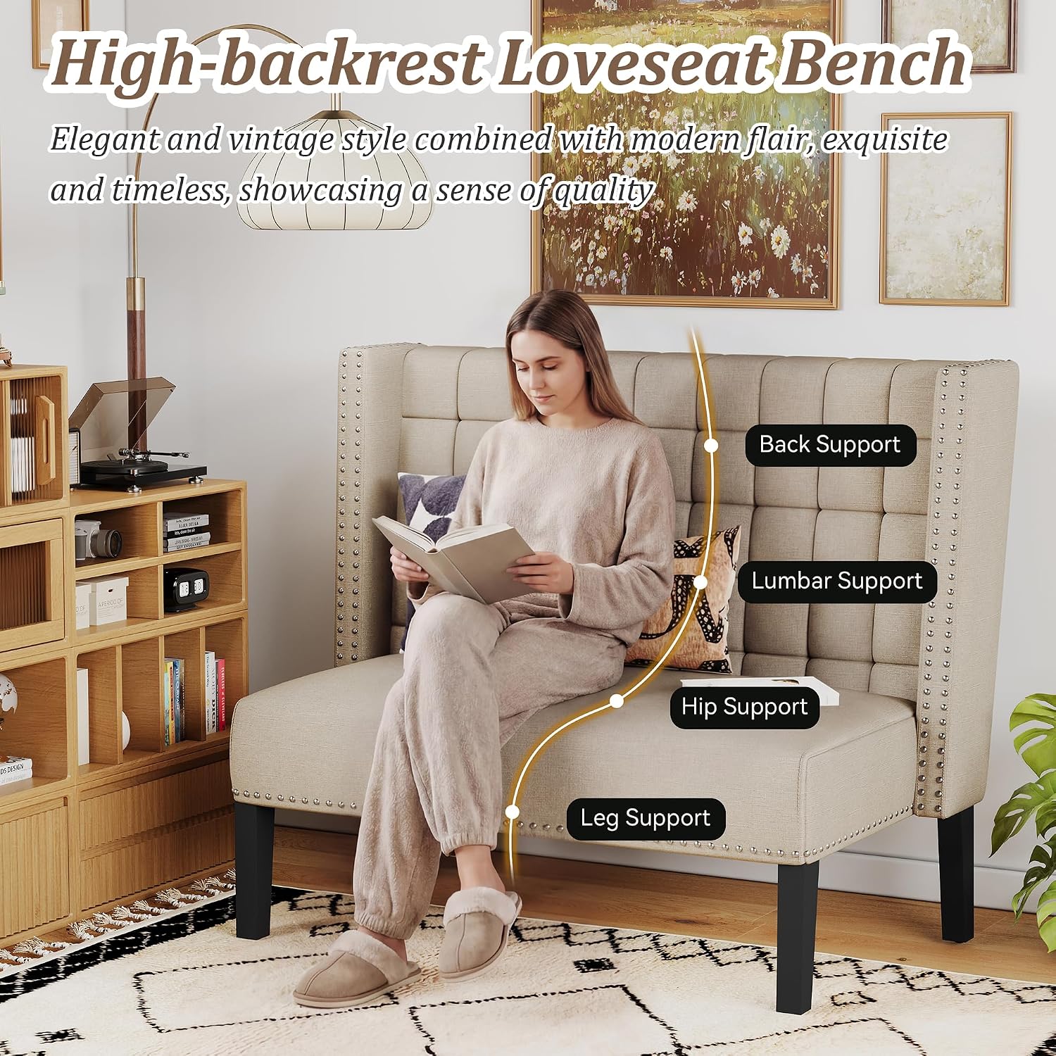 Andeworld Modern Loveseat Settee Bench Sofa Couch, Upholstered Banquette Dining Bench with Back for Dining Living Room Hallway or Entryway Seating,Putty