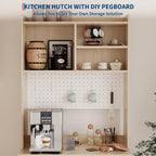 71" Kitchen Pantry Cabinet, Wooden Tall Sideboard Buffet Cabinet with 6 S-shaped Hooks, Pegboard and Hutch, Microwave Stand, Pantry Storage Organizers Coffee Bar for Dining Room or Living Room, Oak