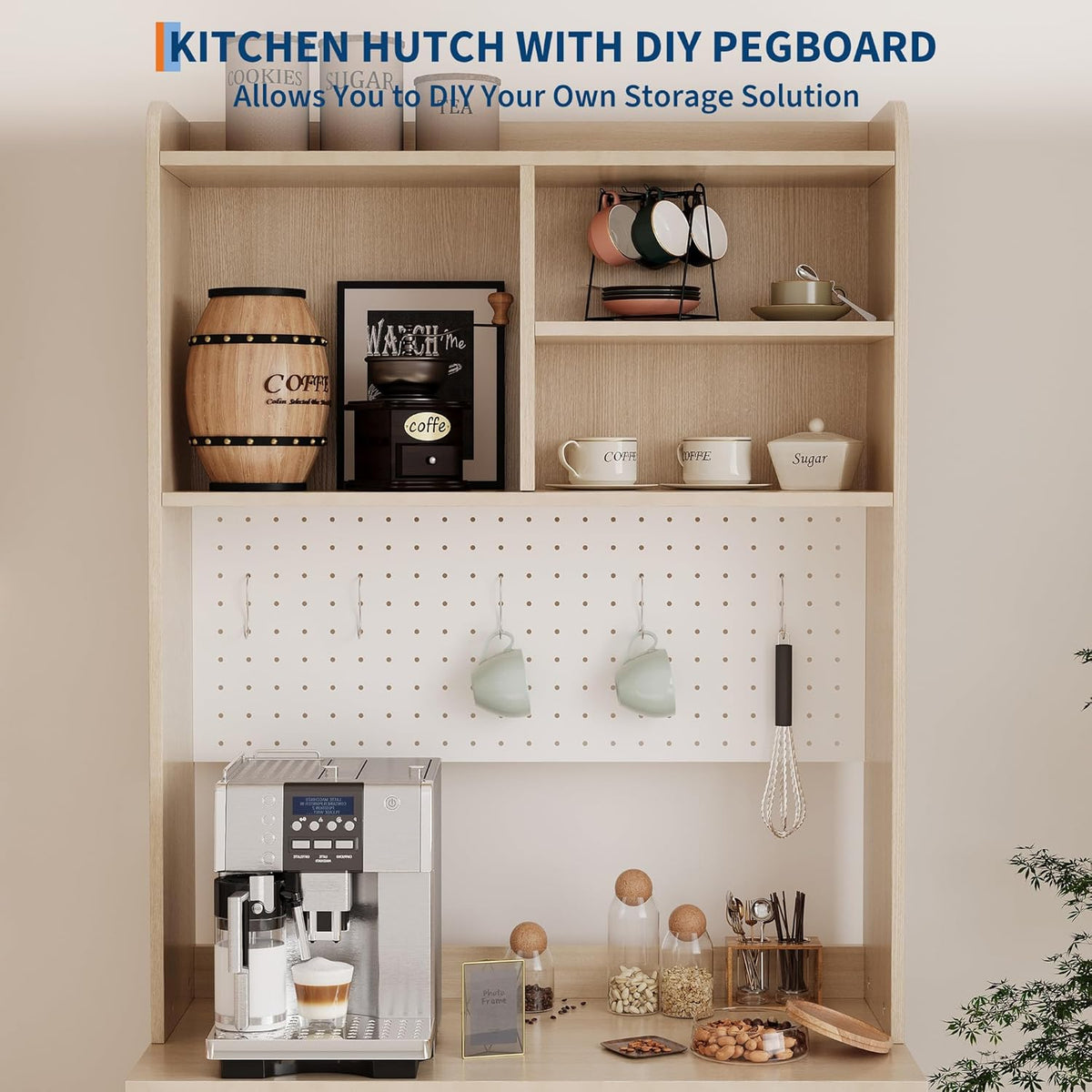 71" Kitchen Pantry Cabinet, Wooden Tall Sideboard Buffet Cabinet with 6 S-shaped Hooks, Pegboard and Hutch, Microwave Stand, Pantry Storage Organizers Coffee Bar for Dining Room or Living Room, Oak