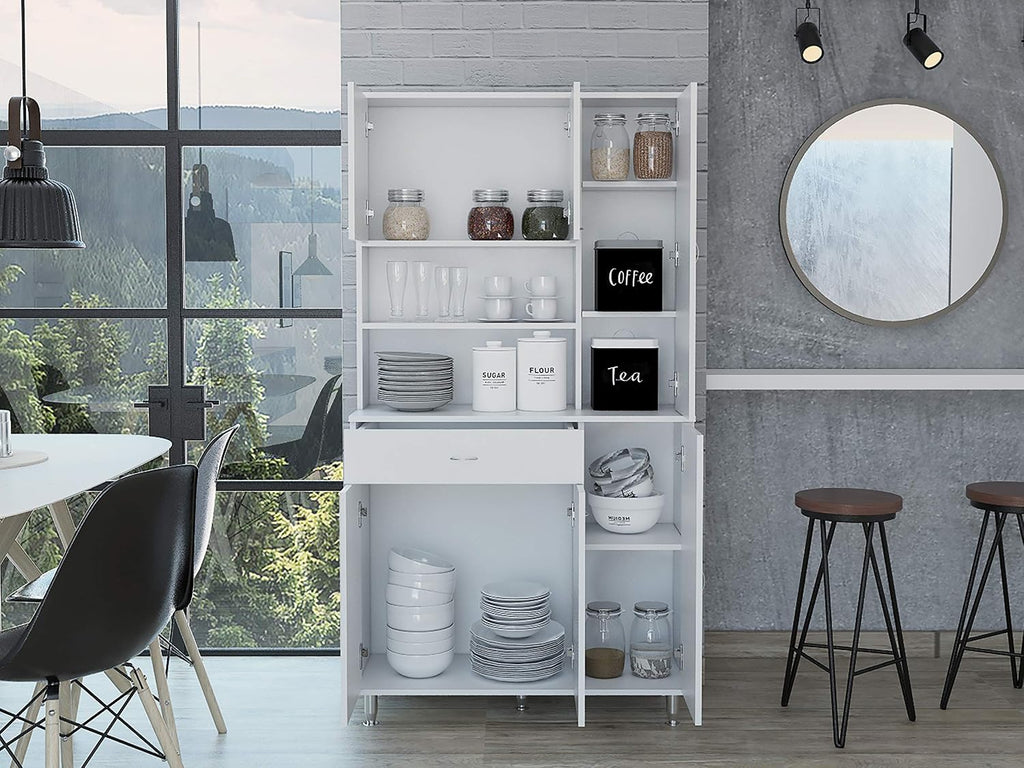 90 Kitchen Pantry Cabinet with Open Shelves, Drawer & Multiple Cabinets, White, Functional Storage for Kitchenware