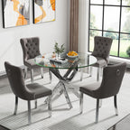 Round Glass Dining Table Set,36'' Glass Kitchen Dining Table Set for 2 4,5-Piece Glass Dinner Table Set with Silver Metal Legs and Velvet Chair Set for Kitchen Dining Room Furniture