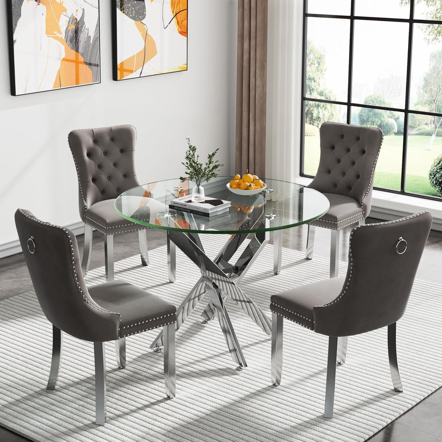 Round Glass Dining Table Set,36'' Glass Kitchen Dining Table Set for 2 4,5-Piece Glass Dinner Table Set with Silver Metal Legs and Velvet Chair Set for Kitchen Dining Room Furniture