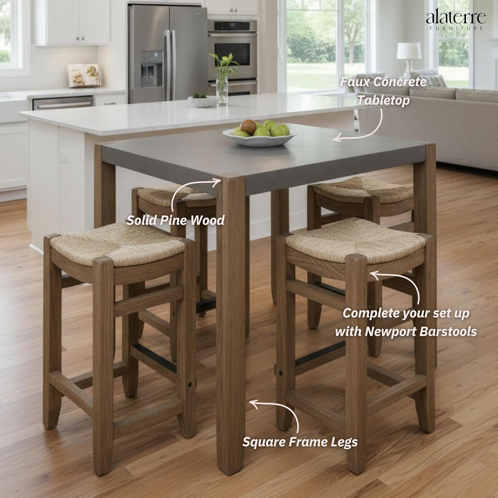 Alaterre Furniture Newport Dining Table for 4 – Rustic Industrial 42” x 36” Kitchen Table with Gray Faux Concrete Top & Light Amber Wood Legs