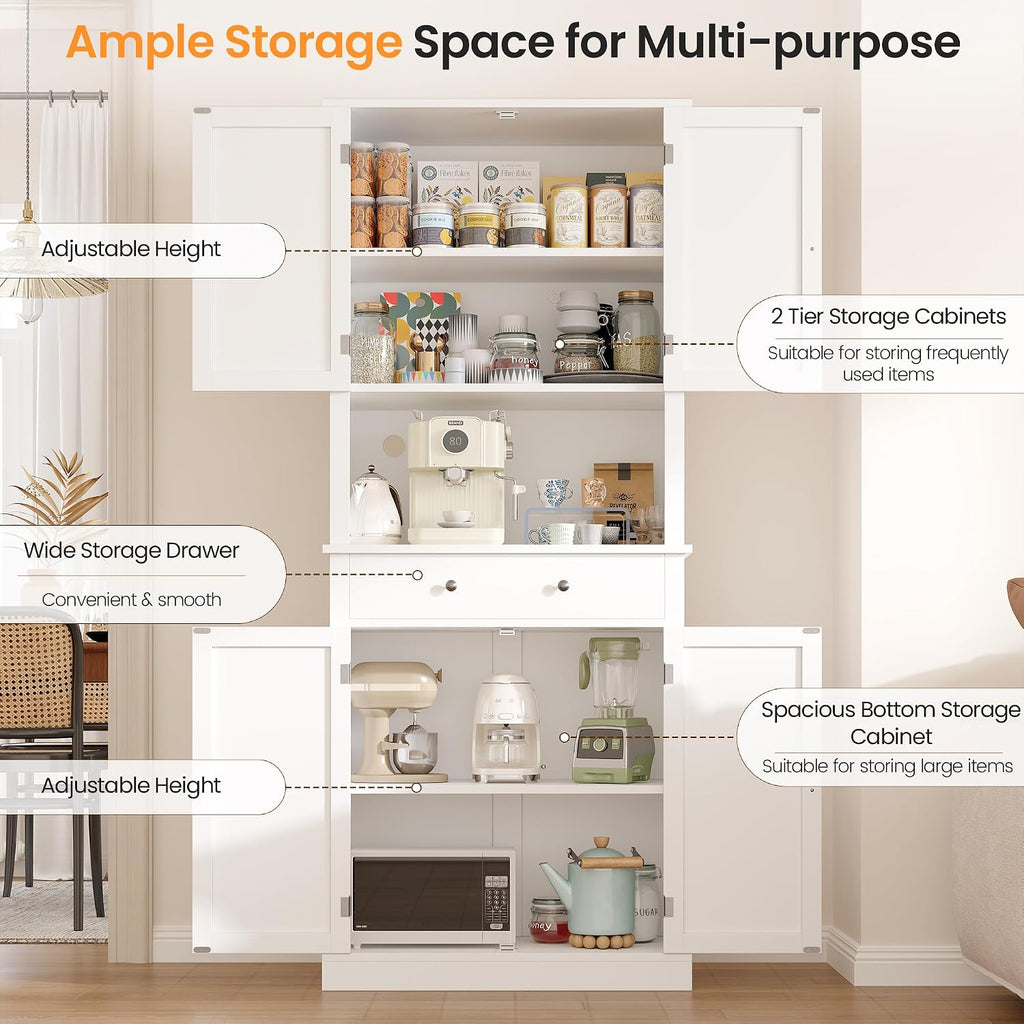 Apicizon 71’’ Tall Kitchen Pantry Storage Cabinet, Modern Kitchen Hutch Bar Cabinet with Microwave Stand & 3 Adjustable Shelves, Cupboard with Drawers, Wood Buffet Sideboard for Dining Room, White