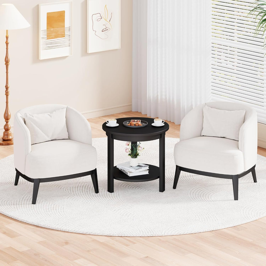 Solid Wood Round End Table with Storage Shelf, 22" W x 20" H, Mid Century Modern Wooden Coffee/End/Side Table for Bedroom Living Room, Black