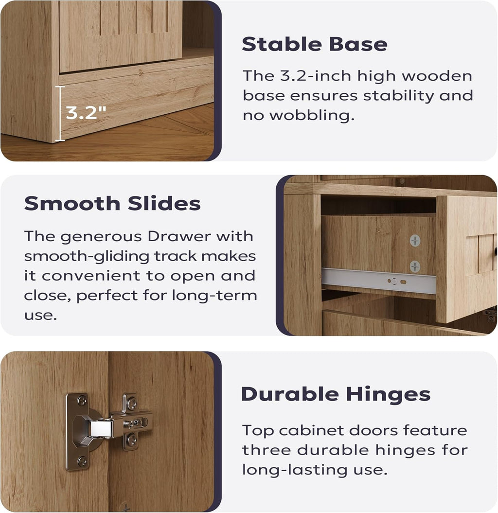 Furnify Kitchen Pantry Storage Cabinet, 71" H Farmhouse Pantry Cabinet with 4 Doors & Drawer, Freestanding Cupboard with Adjustable Shelves, Rustic Wood Cupboard for Kitchen, Dining Room, Natural