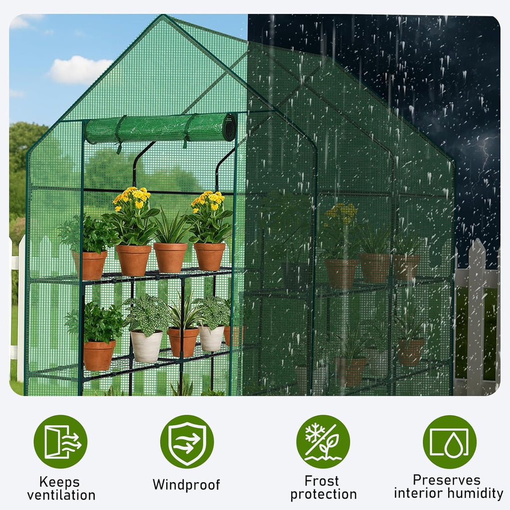 Outvita Walk-in Greenhouse, Outdoor Durable PE Plant Green House for Frost Protection with 3 Tiers 8 Shelves, Shelf Clips, Roll-up Zipper Door, 56"x56"x77" Green
