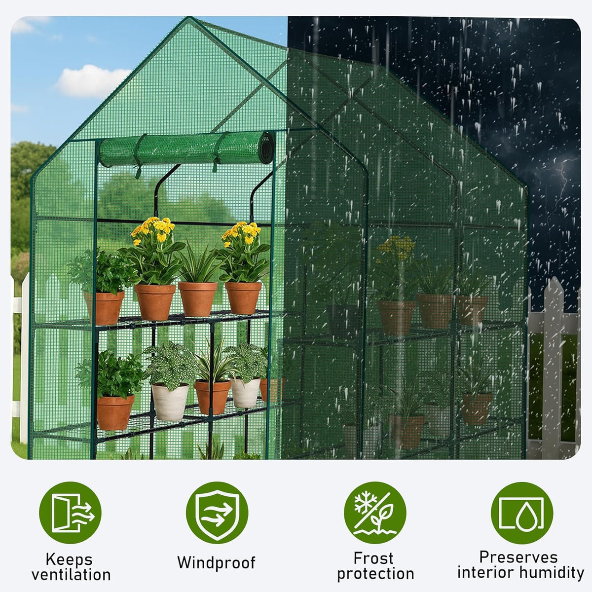 Outvita Walk-in Greenhouse, Outdoor Durable PE Plant Green House for Frost Protection with 3 Tiers 8 Shelves, Shelf Clips, Roll-up Zipper Door, 56"x56"x77" Green