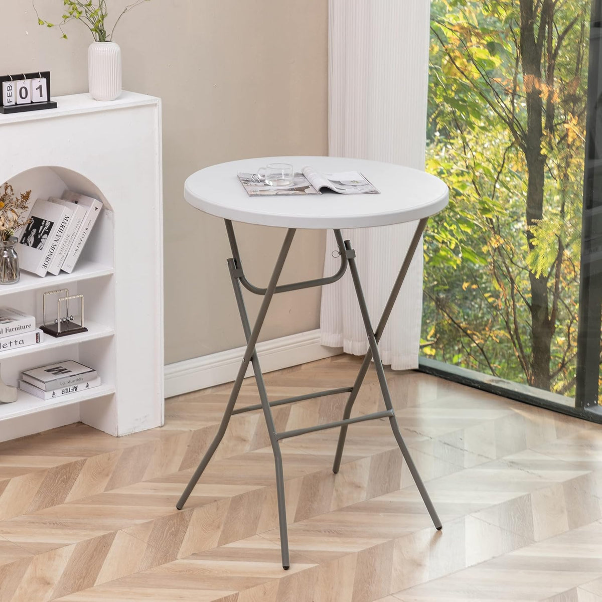 BTExpert 32" Round 43" Bar Height White Granite Plastic Folding Table Portable Commercial Table Banquet Card Coffee Dining Table for Wedding Party Event Home Kitchen Outdoor Set of 4