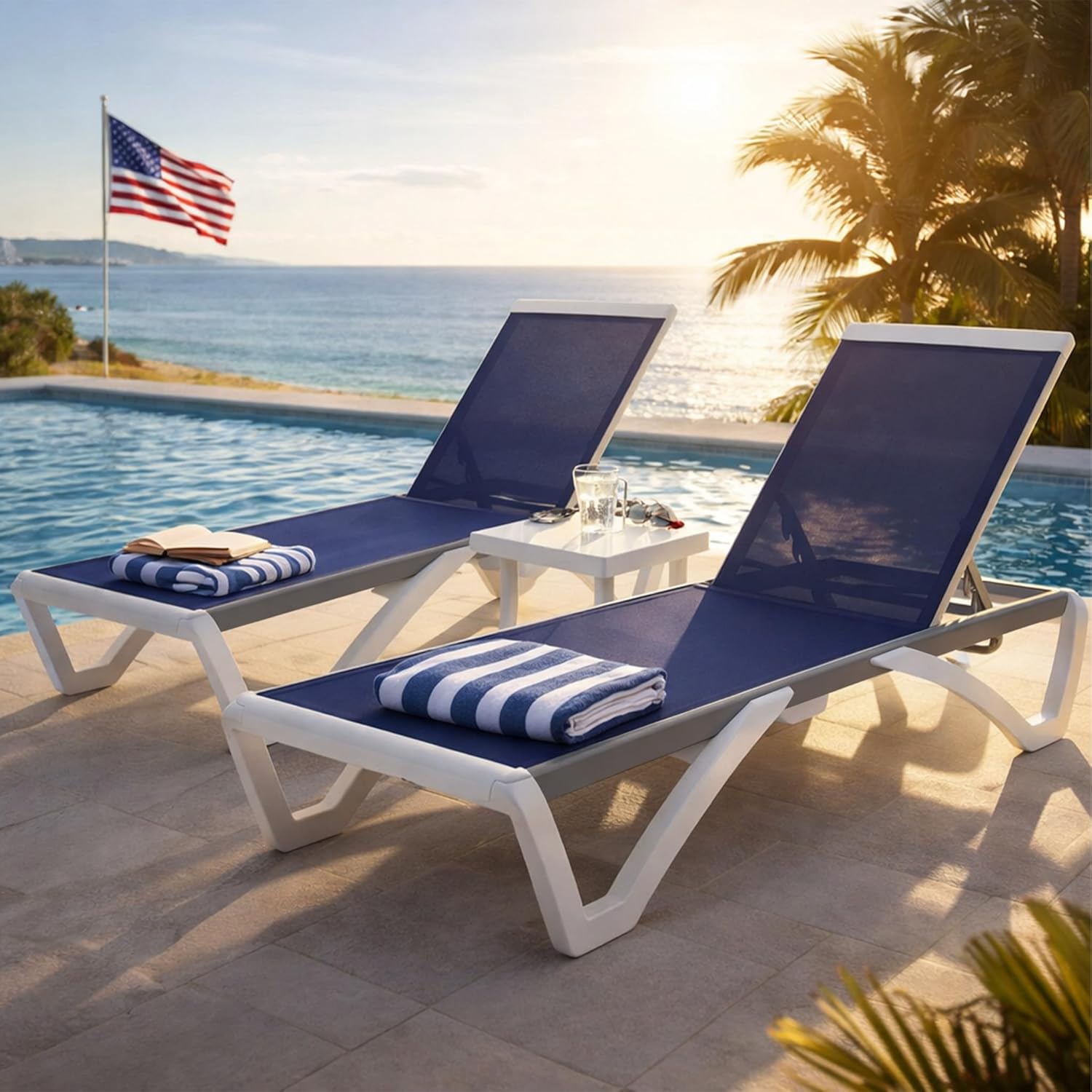Kozyard Outdoor Chaise Lounge Chair, Full Flat Adjustable Patio Lounger with Aluminum Frame & Resin Legs, Textilene Fabric for Poolside, Backyard & Beach (NavyBlue, 2Chairs + Table)