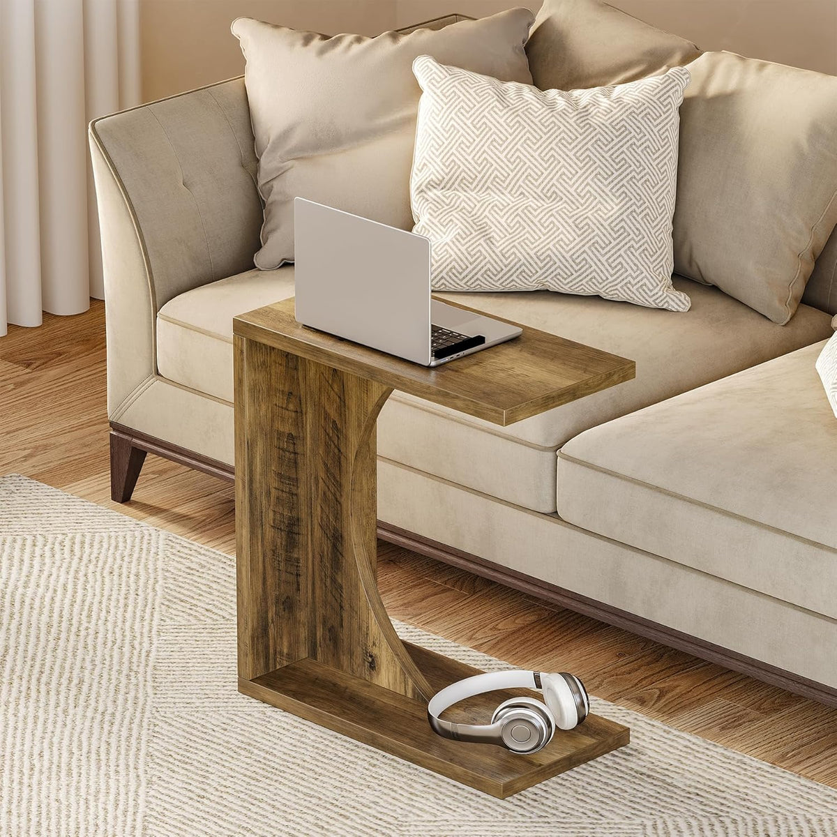 LITTLE TREE C Shaped End Table for Sofa & Bedroom - Small Side Table for Living Room, Over Couch Tray Stand for Laptop, Snacks, Books, Brown, 1 Pack