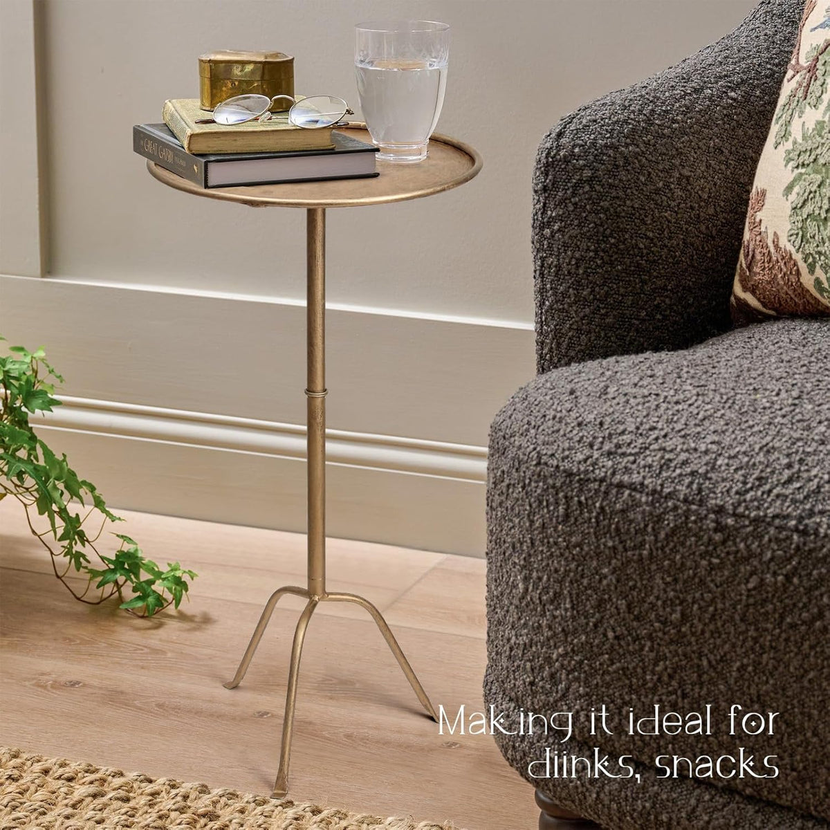 Metal Martini Side Table, Antique Brass – Compact Art Deco Design, Raised Edge, Easy Assembly, 12.5" Diameter, 27.5" Height, Stylish and Functional Cocktail Table