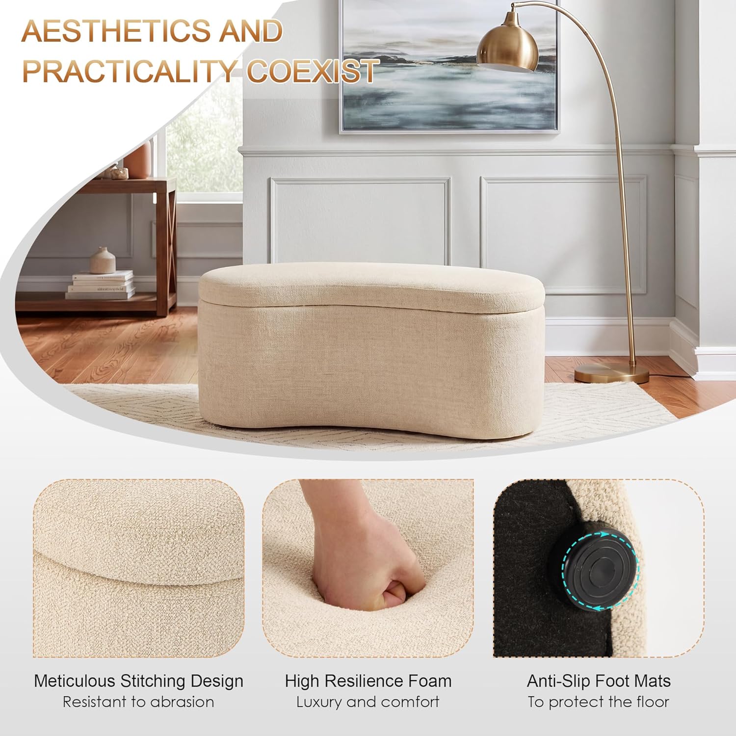 Zesthouse Storage Bench for Bedroom End of Bed, 39.4" Small Curved Entryway Ottoman Bench, Beige Linen Fabric Bench Seat for Living Room Hall Mudroom, Modern Upholstered Coffee Table Crescent Shape