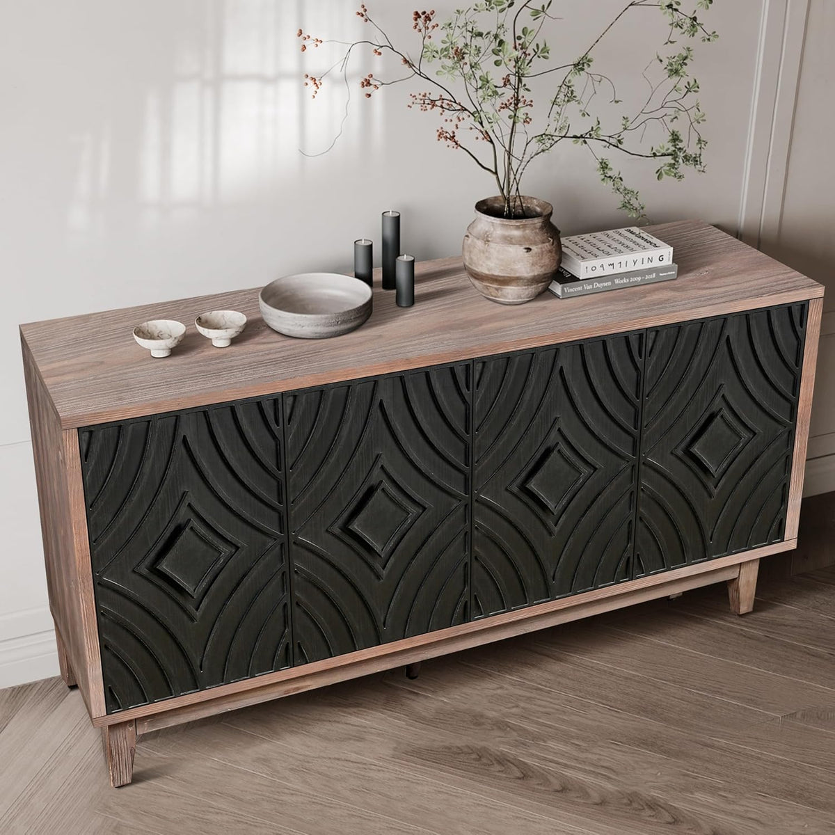 60 Inches Black Large Farmhouse Sideboard Buffet with Storage, Retro Credenza Console Table with Adjustable Shelves for Kitchen, Dining Room, Living Room, Entryway, Antique Black