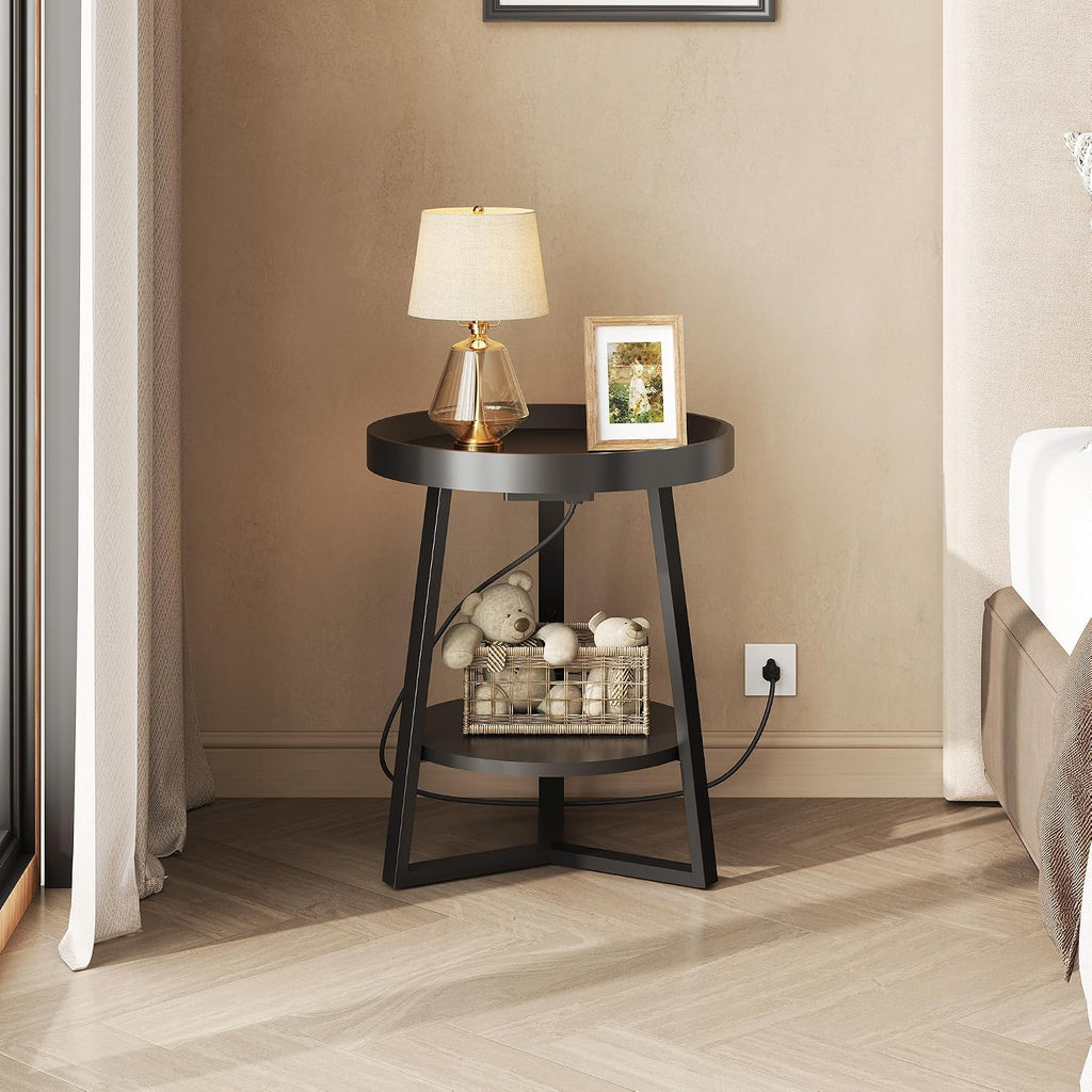 WLIVE Small Round Side Table with Charging Station, Round Coffee Table, 2 Tier End Table for Living Room/Bedroom, Sofa Couch, Easy to Assemble, Wood Tabletop & Metal Frame, Black