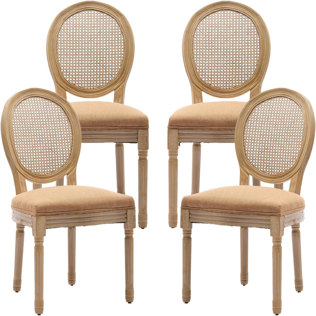 Vintage French Rattan Dining Chairs Set of 4, Round Back Accent Chairs with Rattan Backrest and Upholstered Linen Seat, Solid Wood Frame Sillas de Comedor for Dining Room & Kitchen, Camel