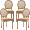 Vintage French Rattan Dining Chairs Set of 4, Round Back Accent Chairs with Rattan Backrest and Upholstered Linen Seat, Solid Wood Frame Sillas de Comedor for Dining Room & Kitchen, Camel