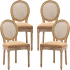 Vintage French Rattan Dining Chairs Set of 4, Round Back Accent Chairs with Rattan Backrest and Upholstered Linen Seat, Solid Wood Frame Sillas de Comedor for Dining Room & Kitchen, Camel